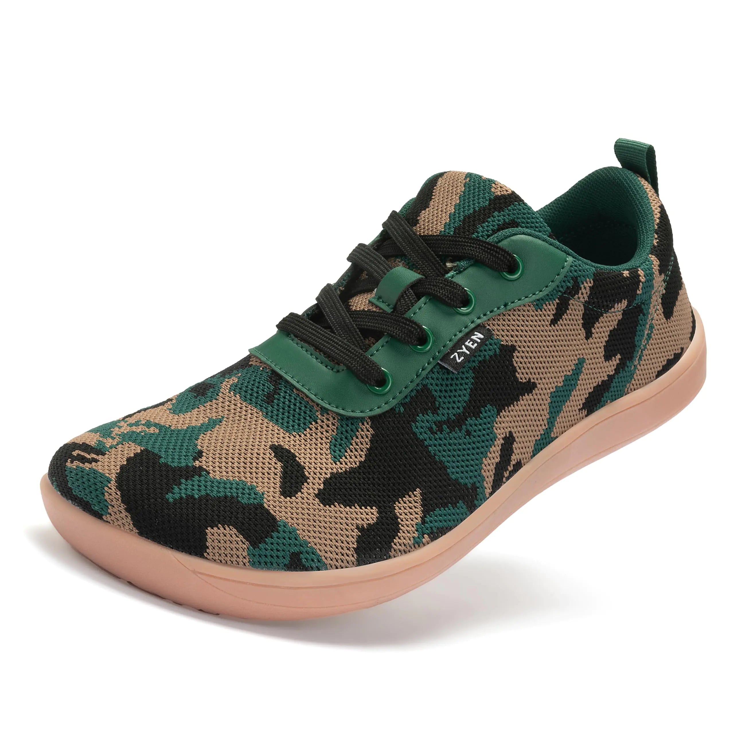 ZYEN Wide Toe Box Barefoot Shoes for Men Camo Walking Shoes Zero Drop Minimalist Sneakers Brown-Green 42