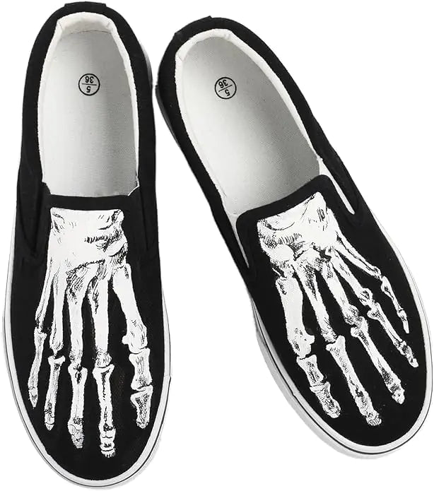 Skeleton Feet Shoes Slip-on Hand Painted Skull Pattern Comfortable Casual Canvas Shoes Unique Customized Gifts (Men 7/Women 9)